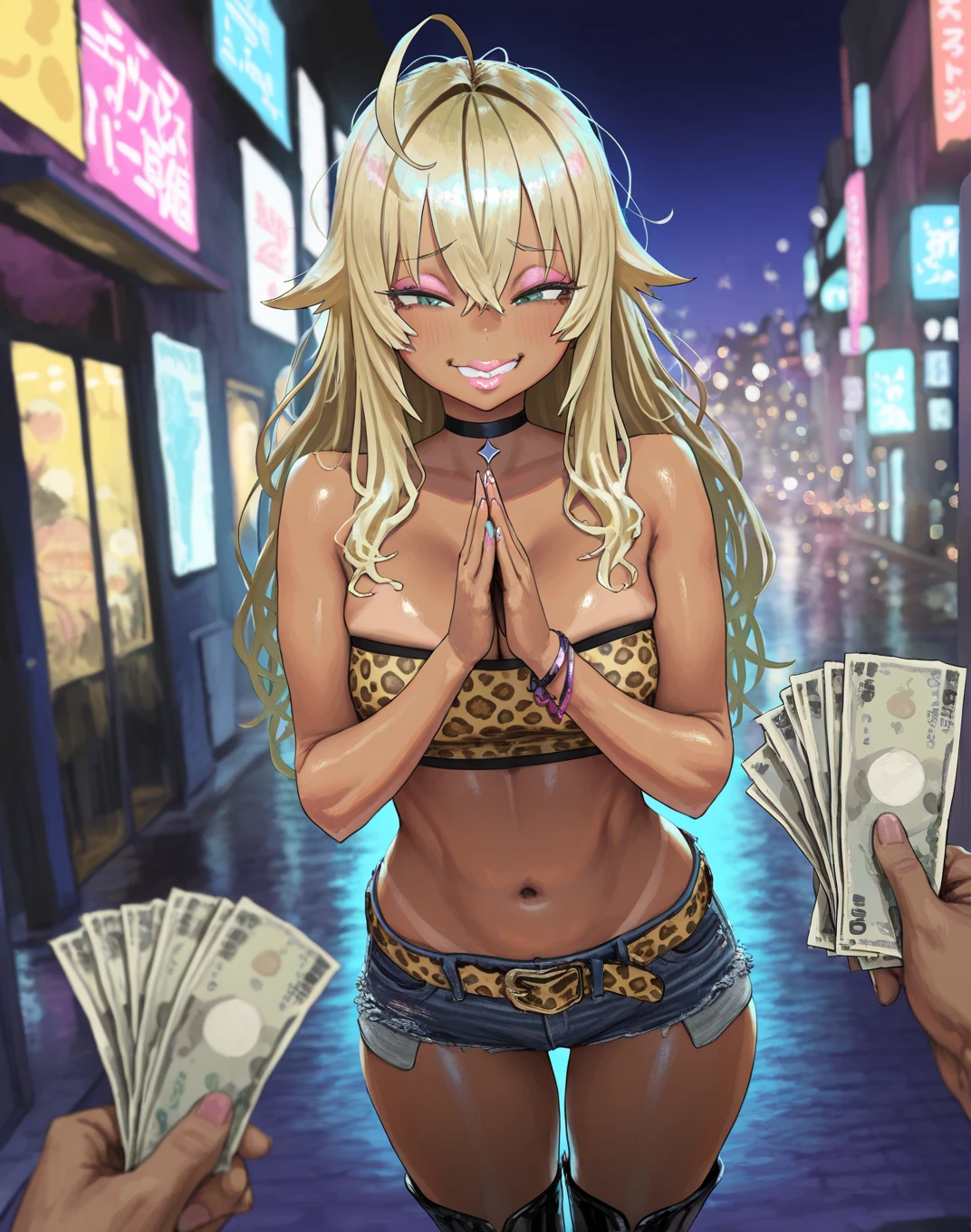 thick lips, brown eyes, pink hair, wavy hair, pink bear ears, gyaru, dark skin, long hair, large breasts, wide hips, slender eyes, perfect eyes, thick thighs, city, night, alley, glittery slingshot swimsuit, skirt, detailed, high quality, smirk, holding money, pov, high angle, black eyeshadow,