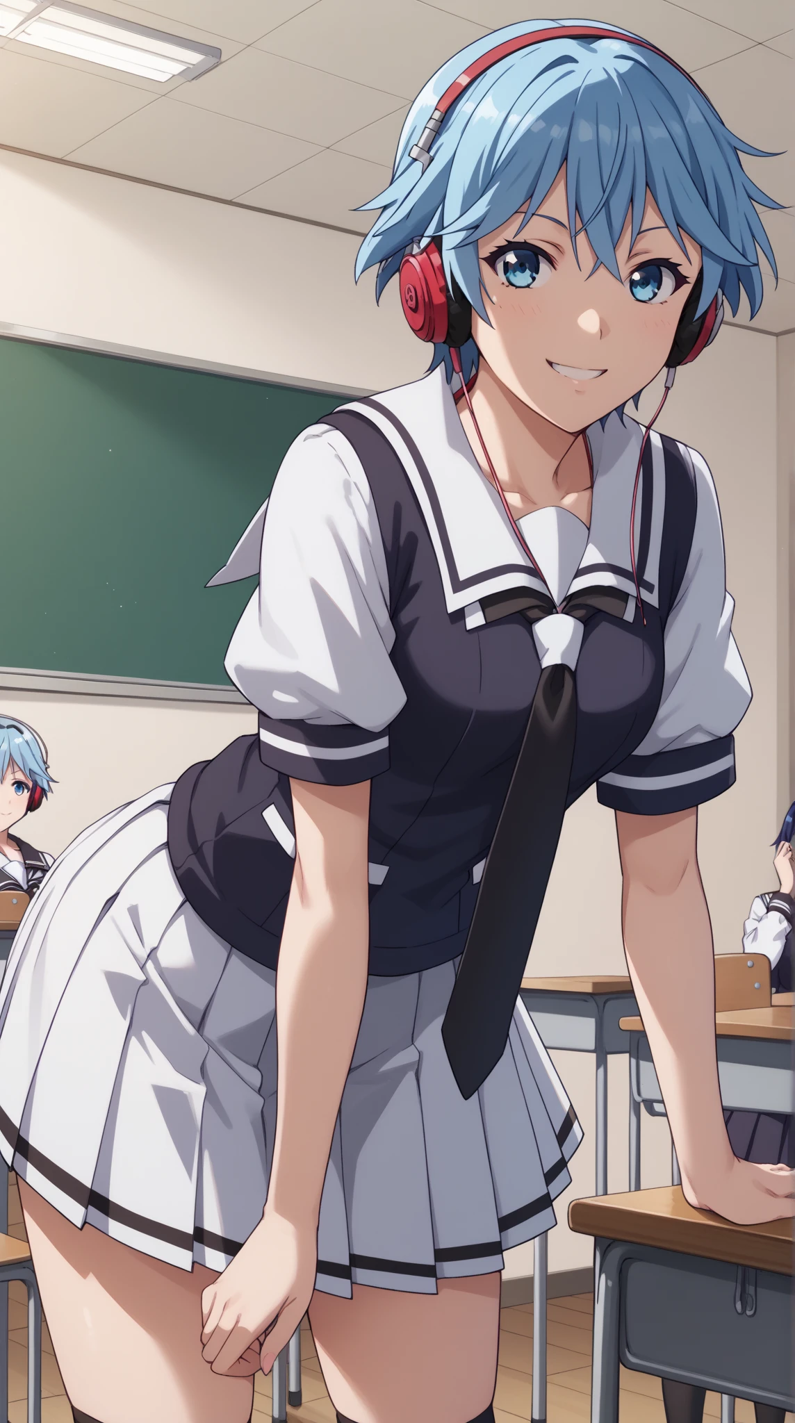 Girl dressed in black and white gothic lolita with stockings, blue hair, Red eyes, short skirt with small breasts, pink display in the room, high quality 2k masterpiece. 