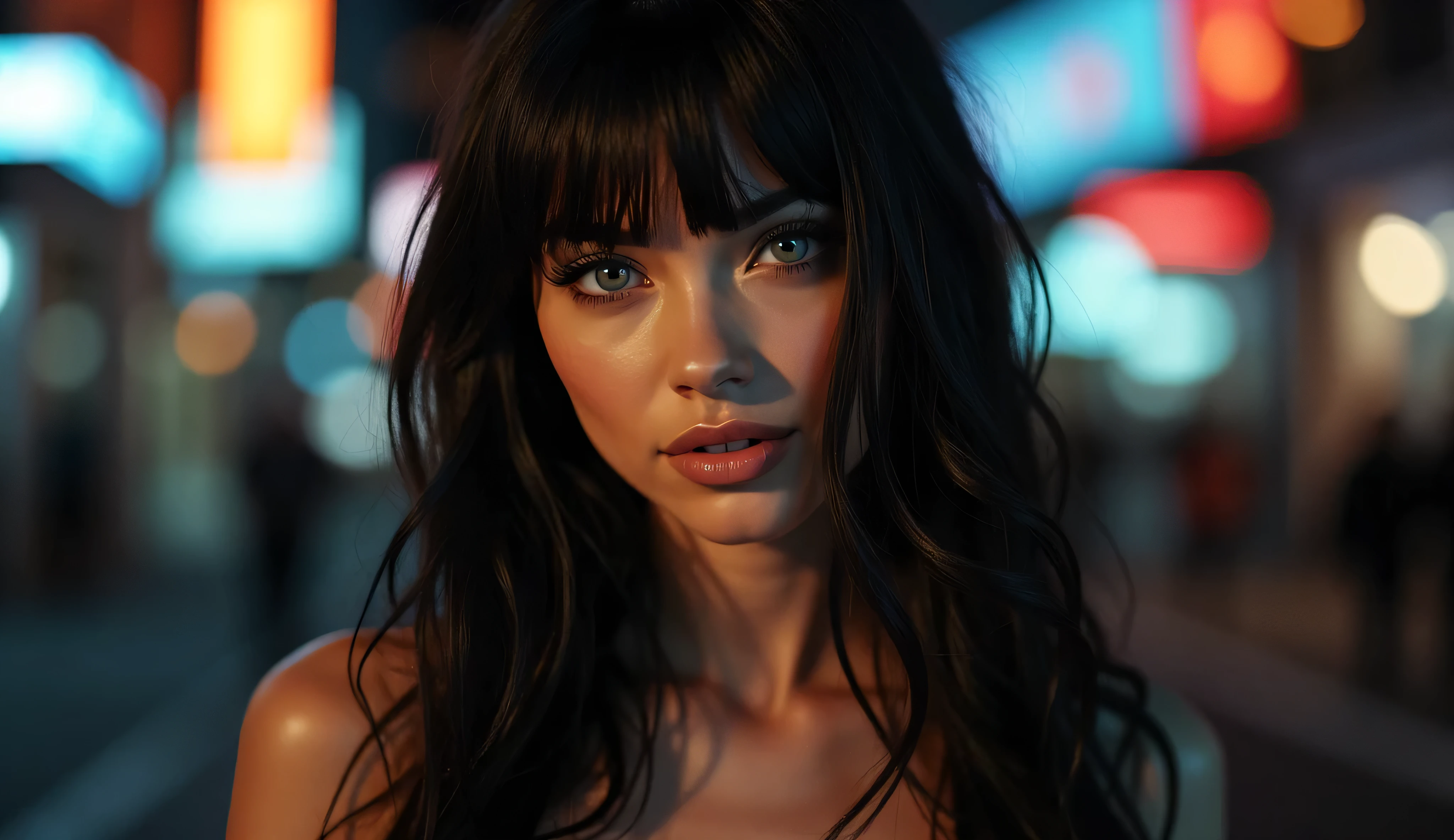 a sexy girl with tight leggins clothes, dark and shiny hair with bangs on the forehead, blues eyes, photorealistic, hyper detailed, 8k, realistic skin texture, beautiful detailed face, piercing blue eyes, long dark hair, tight black leggings, dynamic pose, dramatic lighting, moody atmosphere, urban cityscape background, cinematic camera angle, dramatic lighting, professional photography