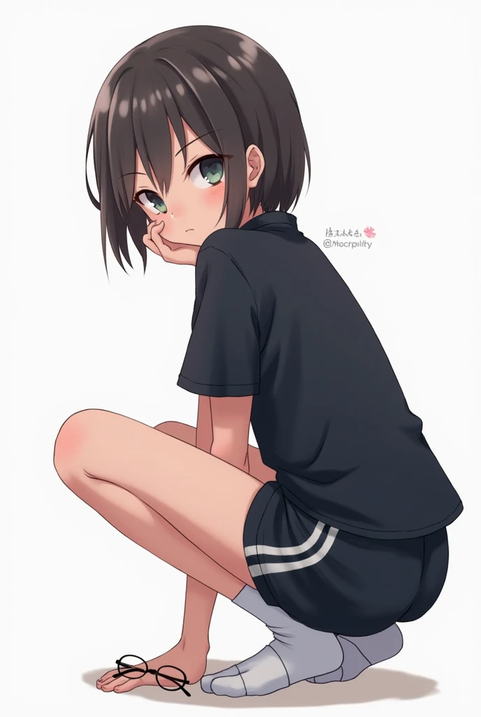 1girl,,tanned body,short hair,sitting on ground,,open legs,spread legs,outdoor,miniskirt,panties,,(((looking away))),socks,shoes,(sweating,trembling)