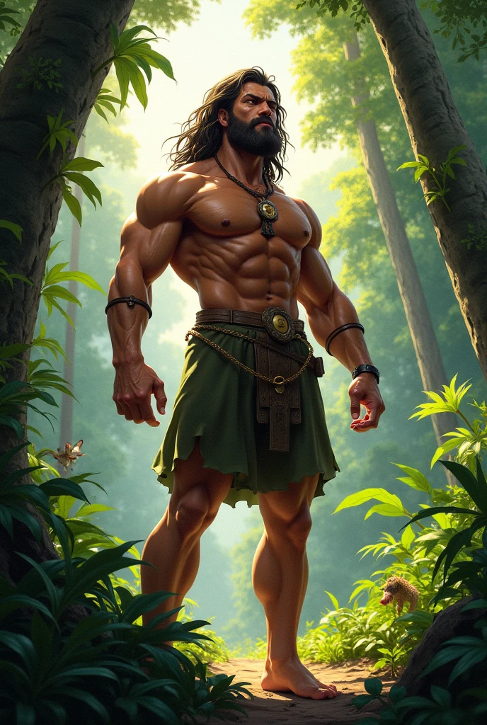 color photo of: an epic close-up shot of a man-ape like Tarzan in the rainforest, with lush greenery, an oasis, and massive, damp trees.
brown loincloth, vine bracelet, barefoot, long hair, muscular physique, jungle background, fierce and primal expression, RED Komodo camera, Kodak Vision3 500T film, 50mm lens, shallow depth of field, David Yates, James Cameron, Ridley Scott, Alexander Skarsgård, Margot Robbie --auto