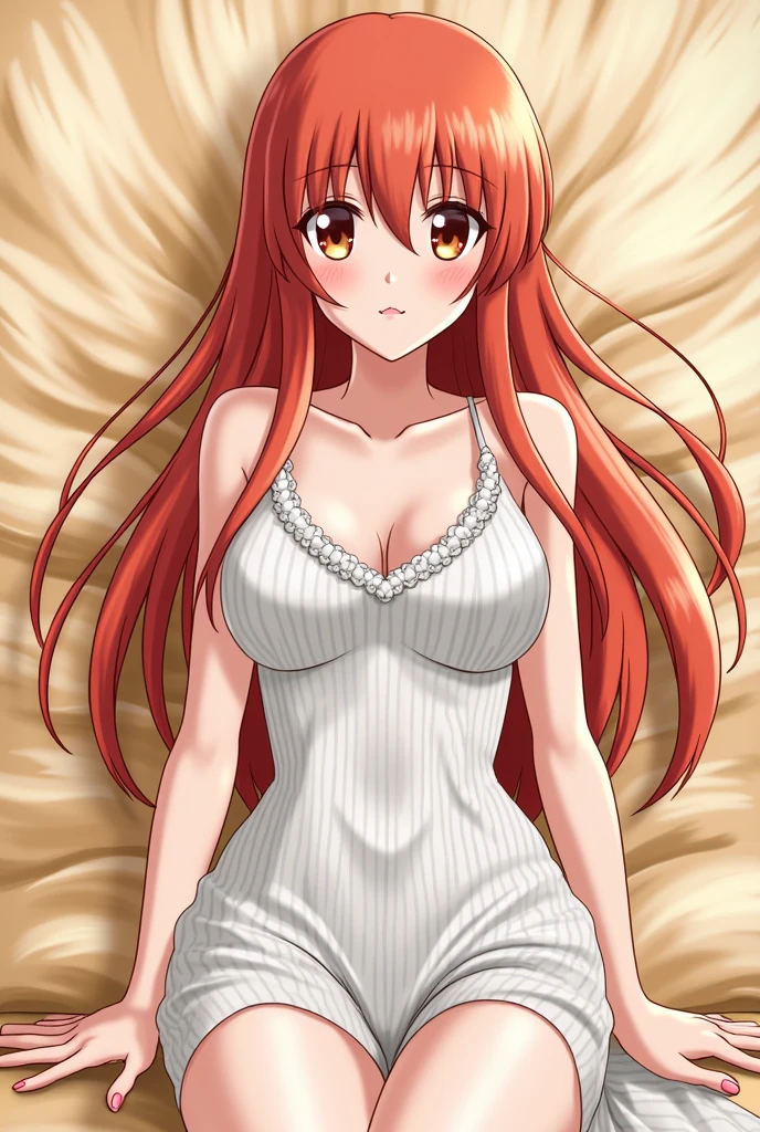Marin Kitagawa long blonde hair with red streaks with her lower half being Makima from Chainsaw man red hair orange spiral eyes, both girls blushing 