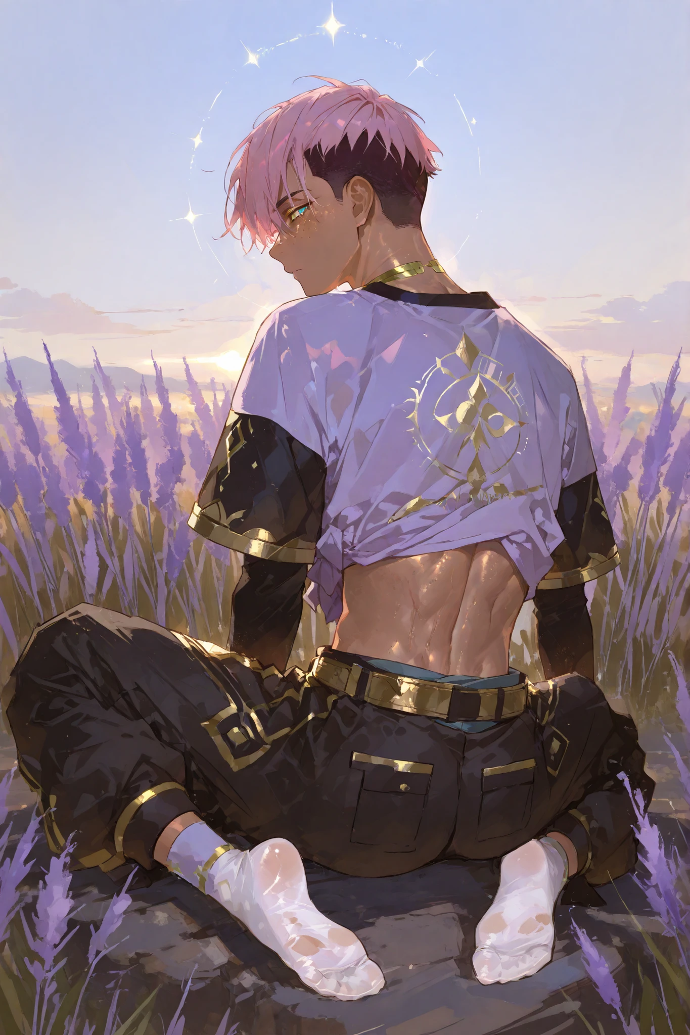 pencil sketch, soft golden hour lighting, anime-style, detailed and vibrant, with a dark, dawn-like tone.
, fantasy outfits, holographic, alternative-style. tanned boy mixed-race black skinned skinny young boy with freckles, glowing clear glossy wet shiny skin, short spiky lavender and salmon pink hair , black trimmed undercut taper sides and back behind hair, and sky blue neon eyes, baggy combat gi shirt with lavender trims shirt with black sleeves, manly boy gold trim, with cargo baggy pants with gold accents, soft golden hour lighting, anime-style, detailed and vibrant, and bright holographic, tone, dawn, full body pic, in a manly awesome pose , very shiny skin and silked, with lavender white torn socks with gold trims, fantasy holograhic, no shoes