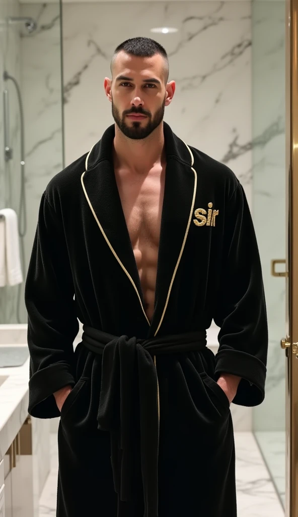 A 35-year-old man,Castle bedroom,Double bed,Light silk bathrobe,Thin muscles,Legs open,The crotch of the silk briefs bulges,Male Love,Black medium length hair,Black eyes,hansome,European faces,Hooked nose,Sexy