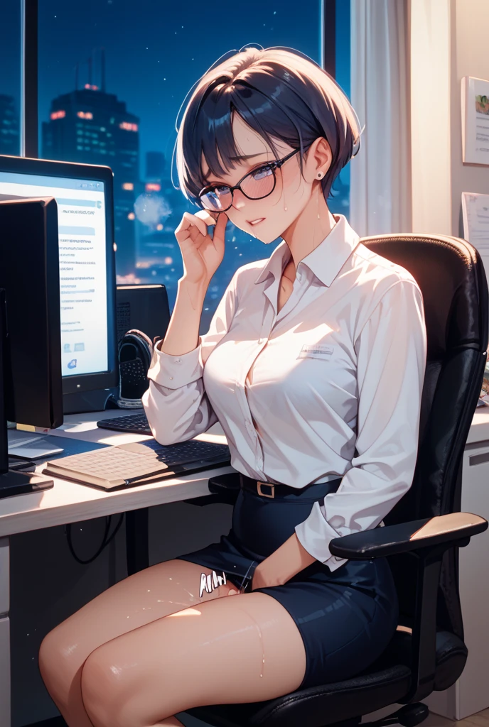 lighting like a movie、top-quality、Company Office、Girl sitting on office chair、Underwear、white panties、camisole、Black-rimmed glasses、Slender Line、