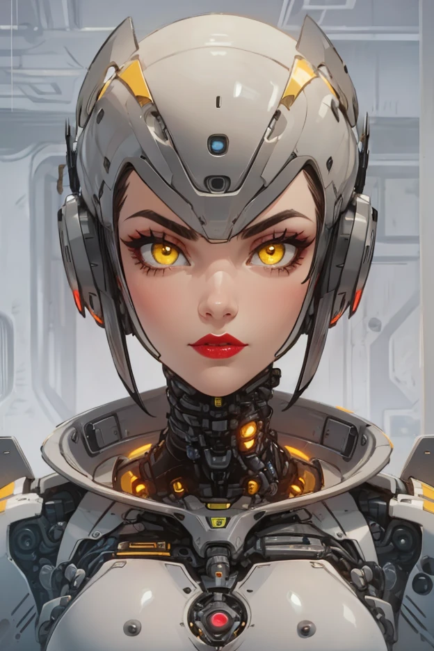RAW, 1girl, colorful, ((white matte armor, blue lights )), (masterpiece, best quality), ((bald head:1.4)) ((multiple wires and cables on head:1.6)) (detailed skin:1.3, detailed face:1.3), dslr, realistic, (glowing yellow eyes), (((seductive pose, detailed galaxy landscape))), delicate, primary colors, cinematic lighting