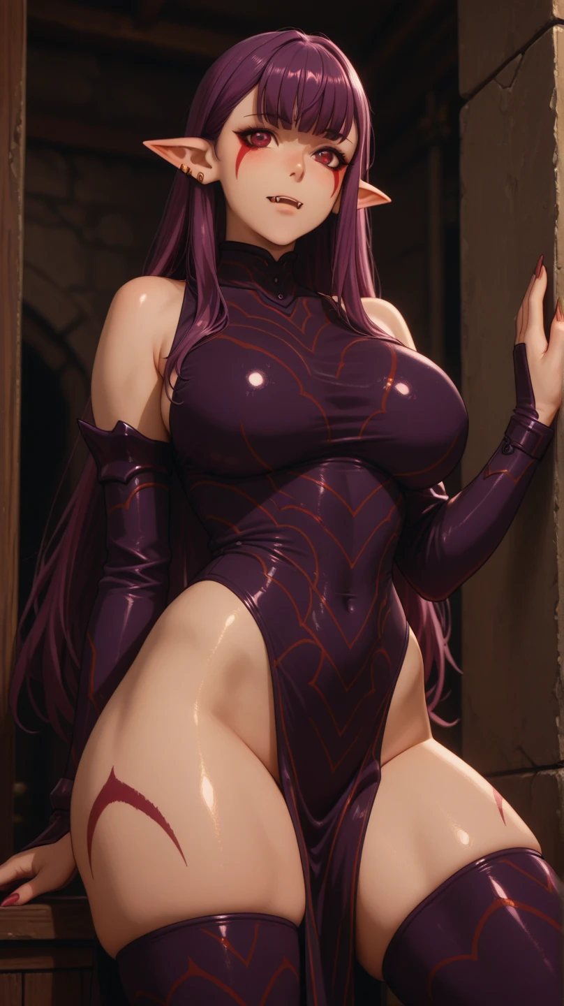 masterpiece, best quality, extremely detail 8k cg, high resolution, 1girl, yuugao, solo, purple hair, long hair, sidelocks, brown eyes, perfect eyes, thin body, huge breasts, bursting breasts, race queen, pelvic curtain, criss-cross halter, thigh strap, thighhighs, high heels, outdoors, garden, night time, dark, beautiful face, full shot photo, full body