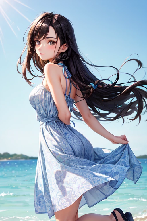 very cute and beautiful girl,teen,white summer dress with detailed frills,(highly detailed beautiful face and eyes),
(walking slopy road up to hilltop),(sea side Mediterranean city),roadside trees,restaurant,summer cloud,beautiful sky,
navy blue cardigan,holding bag,
cowboy shot,(smile:1.25),happy,(looking back,from behind),wavy black hair,looking at viewer,
(best quality,masterpiece),absurdres,highres,ultra-detailed,extremely detailed,32k,8k resolution,
intricate details,cinematic scene,detailed background,solo,dynamic angle,
natural lighting,hair fluttering in the wind,
