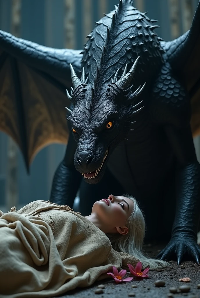 Daenerys Targaryen with her dragon drogon, she not wearing anything, in dark cave campfire burning, platinum blonde hair, violet eyes, brown nipples,