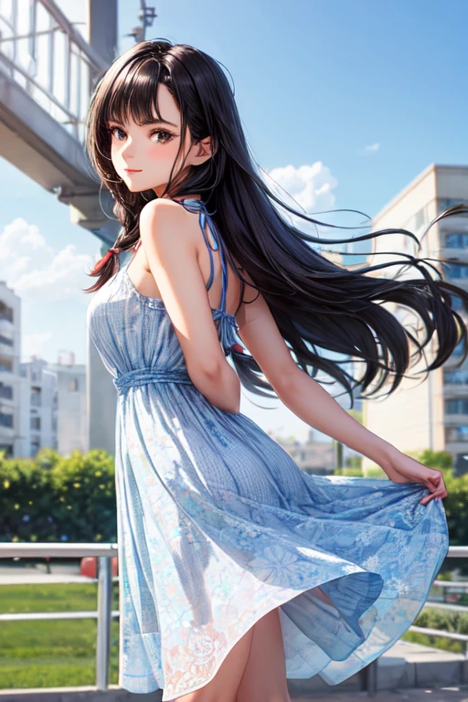 very cute and beautiful girl,teen,white summer dress with detailed frills,(highly detailed beautiful face and eyes),
(walking slopy road up to hilltop),(sea side Mediterranean city),roadside trees,restaurant,summer cloud,beautiful sky,
navy blue cardigan,holding bag,
cowboy shot,(smile:1.25),happy,(looking back,from behind),wavy black hair,looking at viewer,
(best quality,masterpiece),absurdres,highres,ultra-detailed,extremely detailed,32k,8k resolution,
intricate details,cinematic scene,detailed background,solo,dynamic angle,
natural lighting,hair fluttering in the wind,