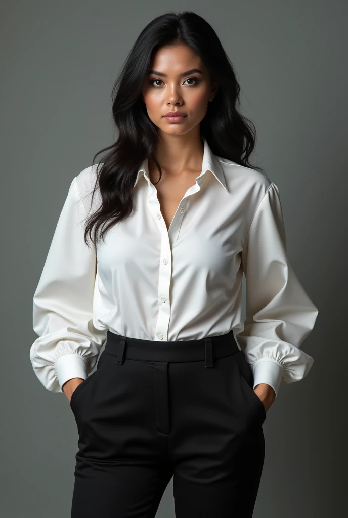 A woman in a white shirt and tan pants posing for a photo, vestido com camisa branca, wearing a white button up shirt, vestindo camisa branca, vestindo uma blusa branca, vestindo uma camisa branca, usando uma blusa, blusa branca, camisa branca fina, camisa regal de babados ornamentada, camisa branca, mangas bufantes, camisa enrugada branca, Retrato no meio da foto