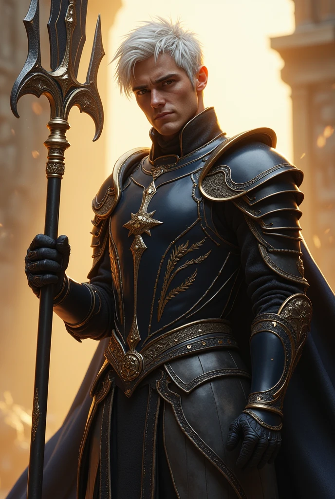 A mature and handsome man with blue pupils, short yellow hair, a confident expression, wearing gorgeous silver armor with golden patterns all over the armor, exuding light blue luster, holding a huge sword, a paladin