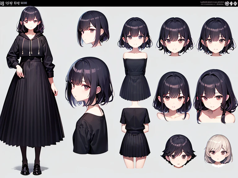 master piece, Highest quality)), Detailed face, character sheets, full body, full of details, multiple poses and expressions, Front view, side view, back view, character sheet, highly detailed, depth, many parts,A girl with black hair, short stature, messy hair, long hair, small face, emaciated, white oversized long-sleeved shirt, disheveled, free-falling long hair, the face is gloomy, emaciated, the chest is extremely small