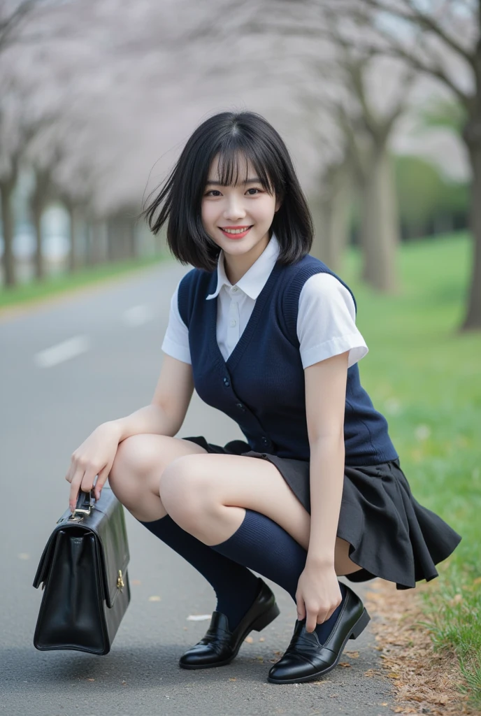 (Realistic, photo Realistic:1.2), ((Best Quality)), Move your center of gravity back, pretty embarrassing, White panties, (Show panties:1.4),tight skirts, (up skirt:1.ウルup skirt:1.3), (crouching down:1.4), heels on the ground, slightly spread legs, 膝を上げてcrouching down, Put your butt on the ground, Black Penny Loafers, beautiful faces detailed, Real Human Skin, Gentle expression, Front view, angle From below, Realistic, photoRealistic, Cute, Short skirt, crouching down deep on school grounds, Cute school girl, Japanese Schoolgirl Uniform, Sailor Uniform, Whole body,Happy smile, Natural smile, A charming smile, seducting smile, (Looking at Viewer:1.2), from the front side, From below,