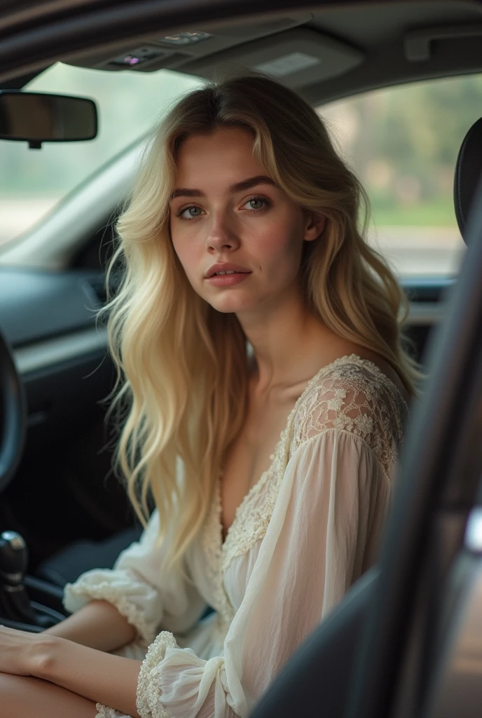 a beautiful blonde girl with blue eyes wearing a white dress, sitting inside a car, detailed facial features, realistic, photorealistic, 8k, high quality, intricate details, soft lighting, warm color tones, elegant, cinematic, masterpiece