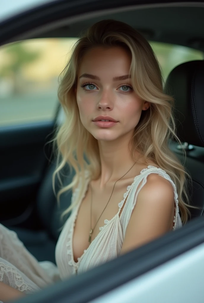 (Mikayla Demaiter) Arafed Full Woman, with Blue Eyes, Ultra Realistic, Meticulously Detailed, Portrait of Sophie Mudd, Blonde Hair and Big Eyes, Selfie of a Young Woman, Bedroom Eyes, Violet Myers, No Makeup, Natural Makeup, Looking Directly at the Camera, face artgram, subtle make-up, Impressive photo full body driving the car, Large size chest, allowing the face to be seen clearly, portrait