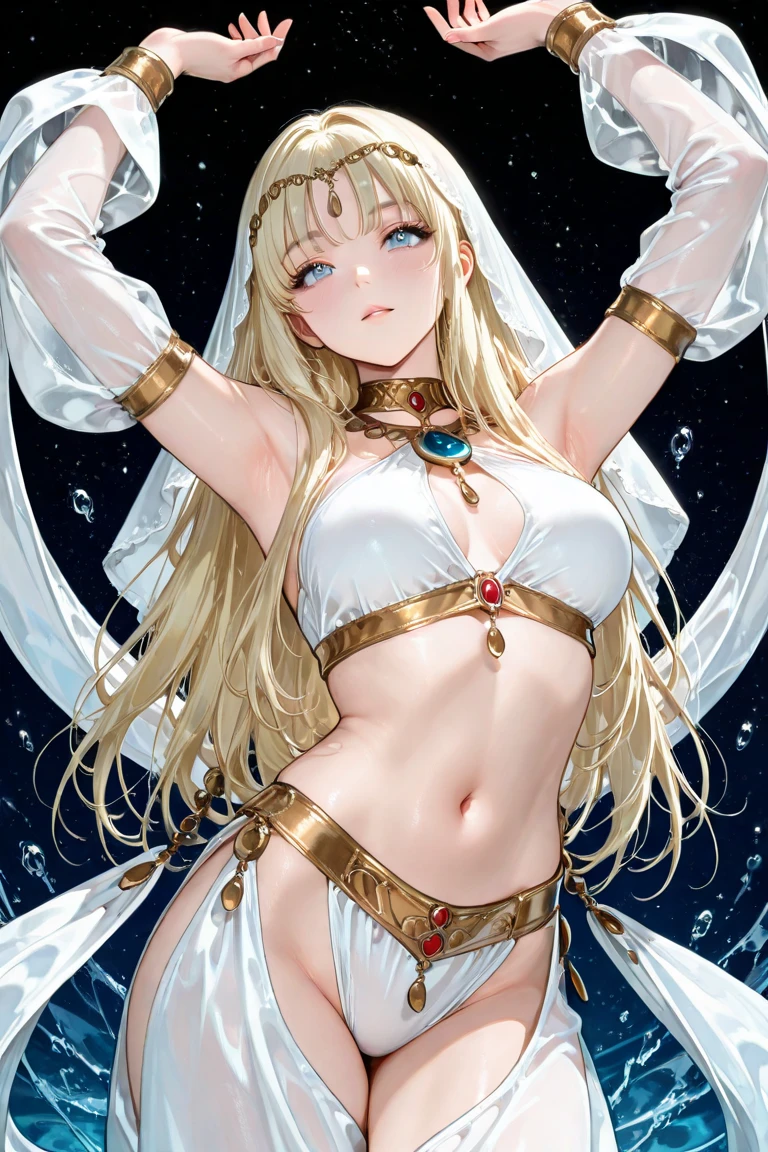 1girl, bare shoulders, blonde hair, bracelet, breasts, circlet, cleavage, dress, earrings, elf, energy sword, green eyes, head wreath, holding, huge breasts, jewelry, large breasts, laurel crown, long hair, looking at viewer, pointy ears, solo, sword, very long hair, weapon, white dress,celestine lucullus,realistic,(shiny skin),(masterpiece:1.4),(best quality:1.4)