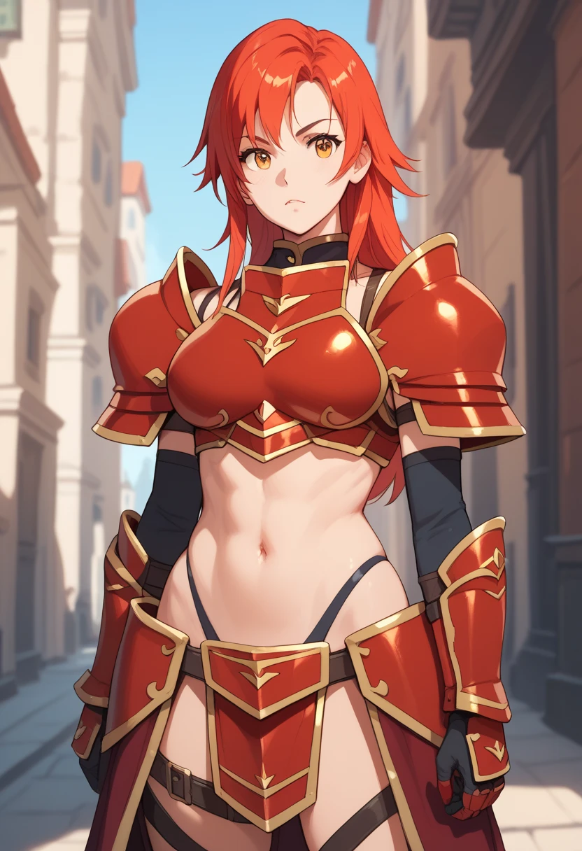 One Girl、High resolution、masterpiece、low length、A cheerful smile、Orange Hair、Bikini Armor、Red Armor、Plein Air、(whole body:1.4)、Standing posture、sword