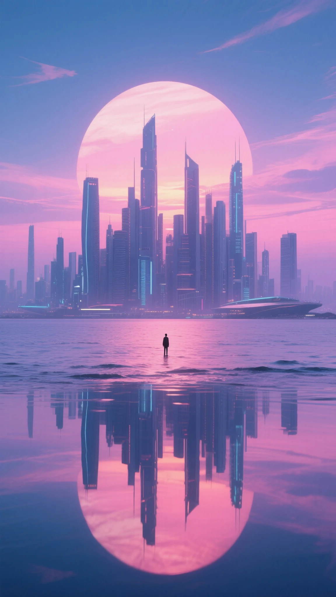 futuristic skyline mirrored perfectly on a calm reflective ocean, vibrant sunrise sky with pink and violet hues, tiny solitary figure at the horizon, cinematic surrealism, hyper-detailed cityscape, ethereal atmosphere, dreamlike symmetry, dramatic wide angle shot
