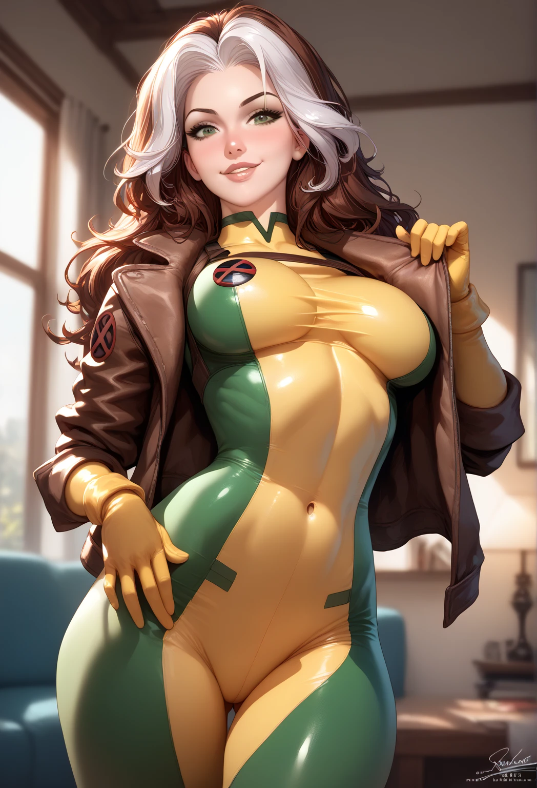 (realistic:1.5), beautiful futanari, mature, age 21, (small penis, erection:1.5), (precum drip:1.3), (testicles:1.0), (cum on penis:1.1), squatting, small demure smile, (slim, slender, skinny:0.9), narrow hips, slender thighs, medium breasts, serious, (clothing aside:1.1), highly detailed background, (OverallDetail:1.1), EyeDetail, fFaceDetail, fHandDetail, HairDetail, looking at viewer, sexy, provocative, flushed cheeks, blush, after sex glow,  CARTOON_X_MENs_Rogue, ownwaifu, long hair, breasts, brown hair, green eyes, lipstick, makeup, lips, white hair, two-tone hair, headband, wavy hair, breasts, messy hair, curly hair, big hair, yellow bodysuit, jacket, gloves, belt, yellow gloves, green bodysuit, bodysuit, multicolored bodysuit, superhero, skin tight, multicolored clothes, <lora:CARTOON_X_MEN90s_Rogue-15:0.7>
