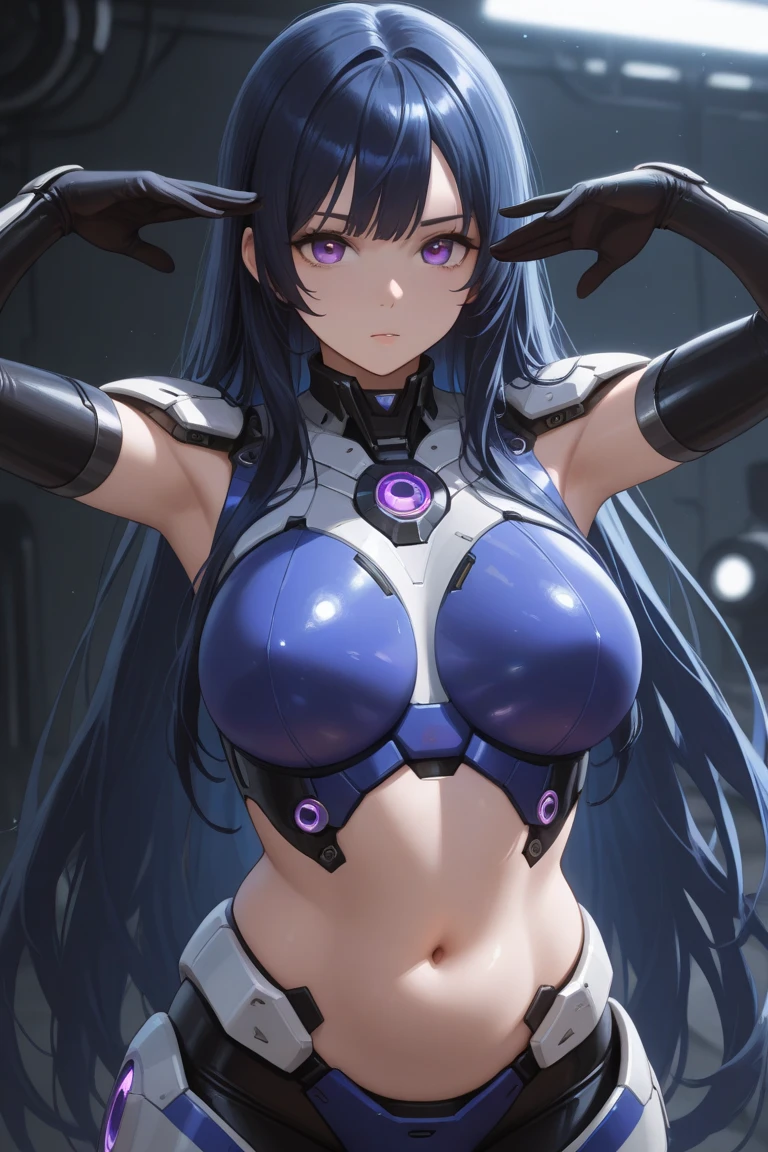 full body,masterpiece, high details, high quality, best quality, anatomically correct, masterpiece, textured skin, super detail,ultra-detailed, best quality, extremely detailed, 8k, high res, realistic, 1girl, 18yo, beautiful girl, (half closed eyes),(narrowed eyes:1.2),(open mouth), (blush:1.2),BREAK,(cyber armor:1.8),(a close up of a woman in a purple and white gundam custume:1.4),blue beautiful eyes, (dark blue medium bob hair,asymmetrical parted bangs:1.8),BREAK,(Ray gun:1.5),(voluptuous bust:1.3),(Gaunt , thin waist:1.3),looking at viewer,white background,