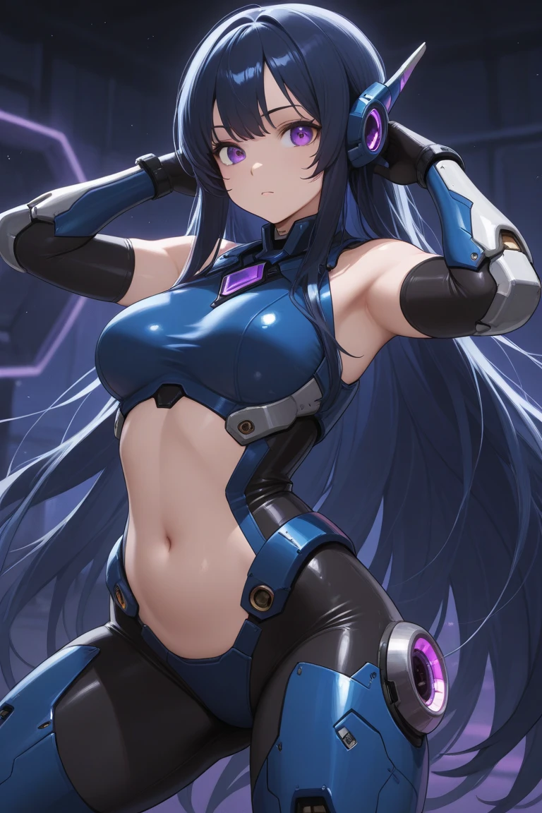 A futuristic android woman with sleek metallic skin and minimal clothing, posing seductively in a neon-lit room.
As the moonless night enveloped the stage, a stunning woman took the mic and began to rap. The moonlight reflected off her silhouette, adding an ethereal glow to her performance. Her baggy Dickies pants and white t-shirt were the perfect contrast to her fierce rhymes. And the black bandana tied around her waist completed her look as the ultimate homie chika gang rapper.