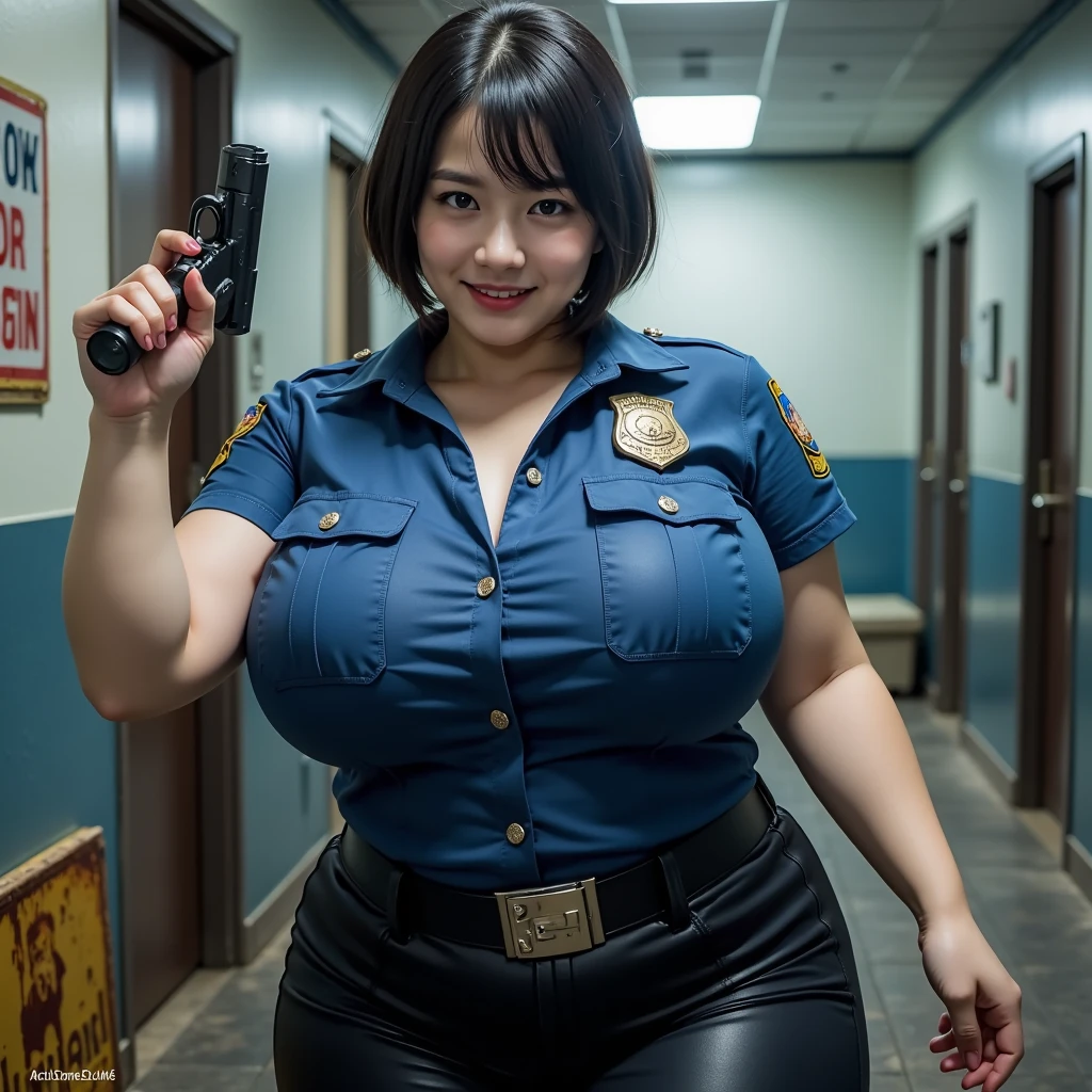 Photo (16k) full body, sexy outfit, Thai police, thick figure, Thai girl, deep cleavage, hot girl, very beautiful girl, woman 40 years old, swelled breasts, gravity, rounded curves Big, big crack, swollen hips, performing duties.