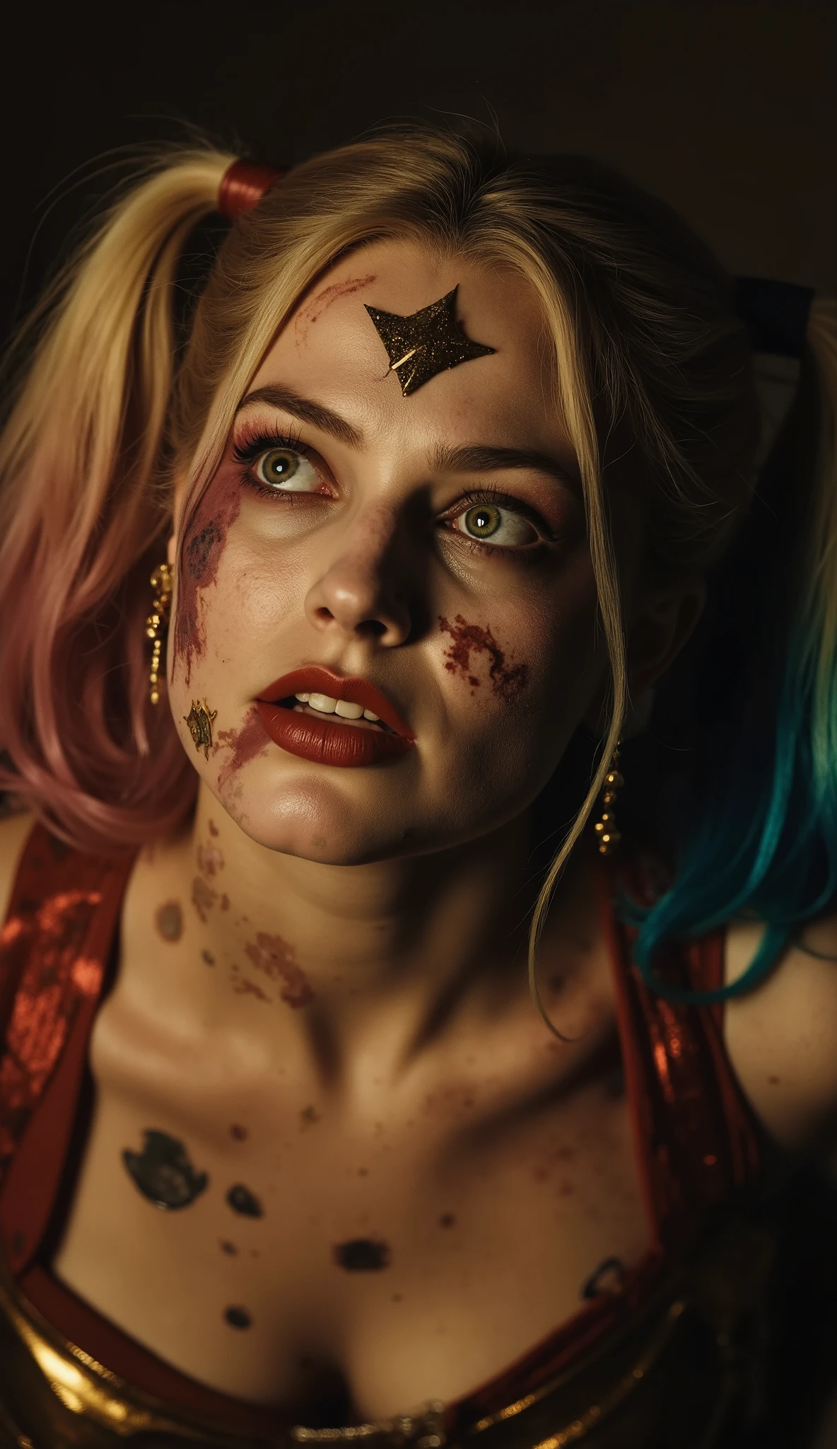 high-angle shot of a gritty Wonder Woman looking up high-angle shot of a gritty Harley Quinn looking up with a wild intense gaze, her face dirty, bruised, scratched with blood stains, messy colorful hair, smeared makeup, natural skin texture with visible pores and sweat, dramatic lighting with deep shadows and warm highlights, raw and realistic cinematic style, ultra-detailed, 128K HDR