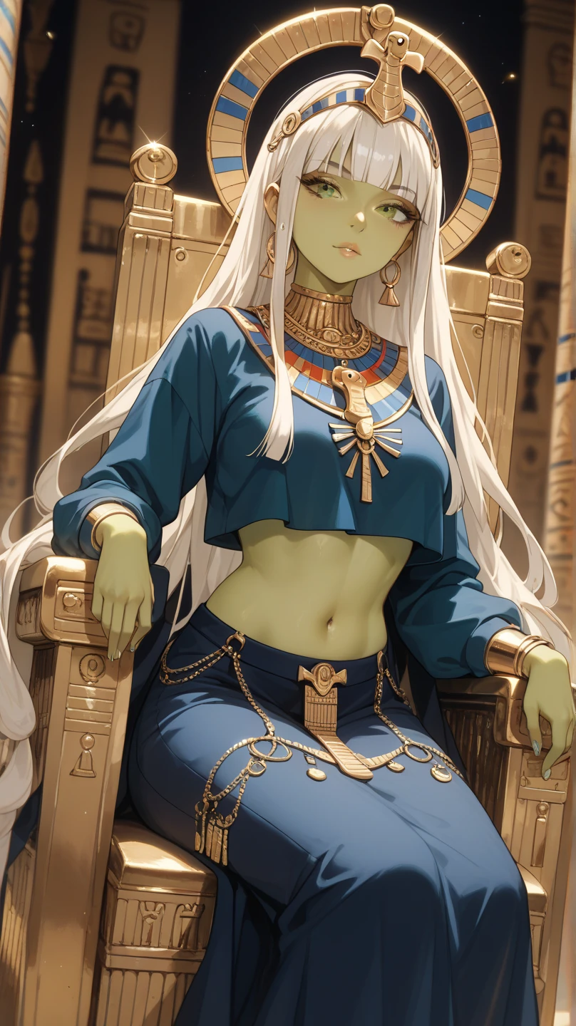 Woman, pistachio green skin , white hair, long hair;; blunt bangs, crown, crop-top, long sleeves, dark blue skirt , long skirt, jewellery, evil look , in ancient Egypt , golden throne, in ancient Egypt