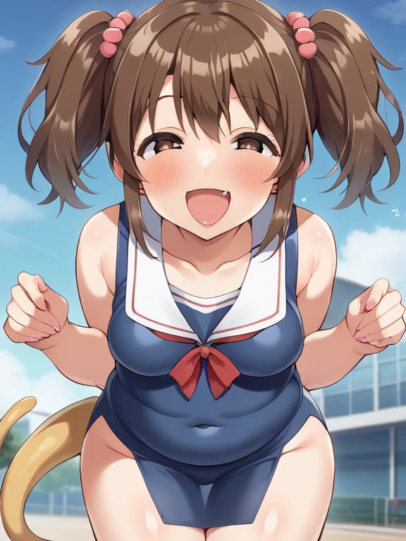 masterpiece, Highest quality, Nico_Yazawa,High resolution, 1 Girl, alone, Brown Hair, short hair, Twin tails、Purple eyes, , Pink Dress, (Cleavage)、(Beautiful thighs), Carrying a red backpack, (randoseru backpack:1.2) Sweaty、Thick thighs、Highest quality、4K、1girl, 8years old, , cute, grin, 、School Swimsuit、on the train、Lots of spectators、Thick thighs、、Men holding their penises and surrounding girls、Semen from the penis、Bukkake、Bukkake、(Bukkake)projectile cum、Blowjob、Mesgaquismiles、