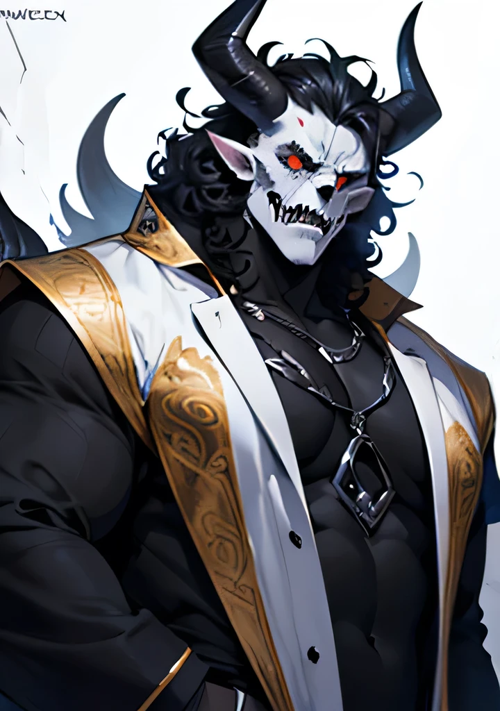 anime character with a sword and a cape on his chest, beautiful male god of death, reaper of night!!!!, fit male demon with white horns, handsome guy in demon slayer art, colorful muscular eldritch, king of time reaper, menacing look, raziel irl, detailed anime character art, the former demon king, high detailed official artwork, dark supervillain