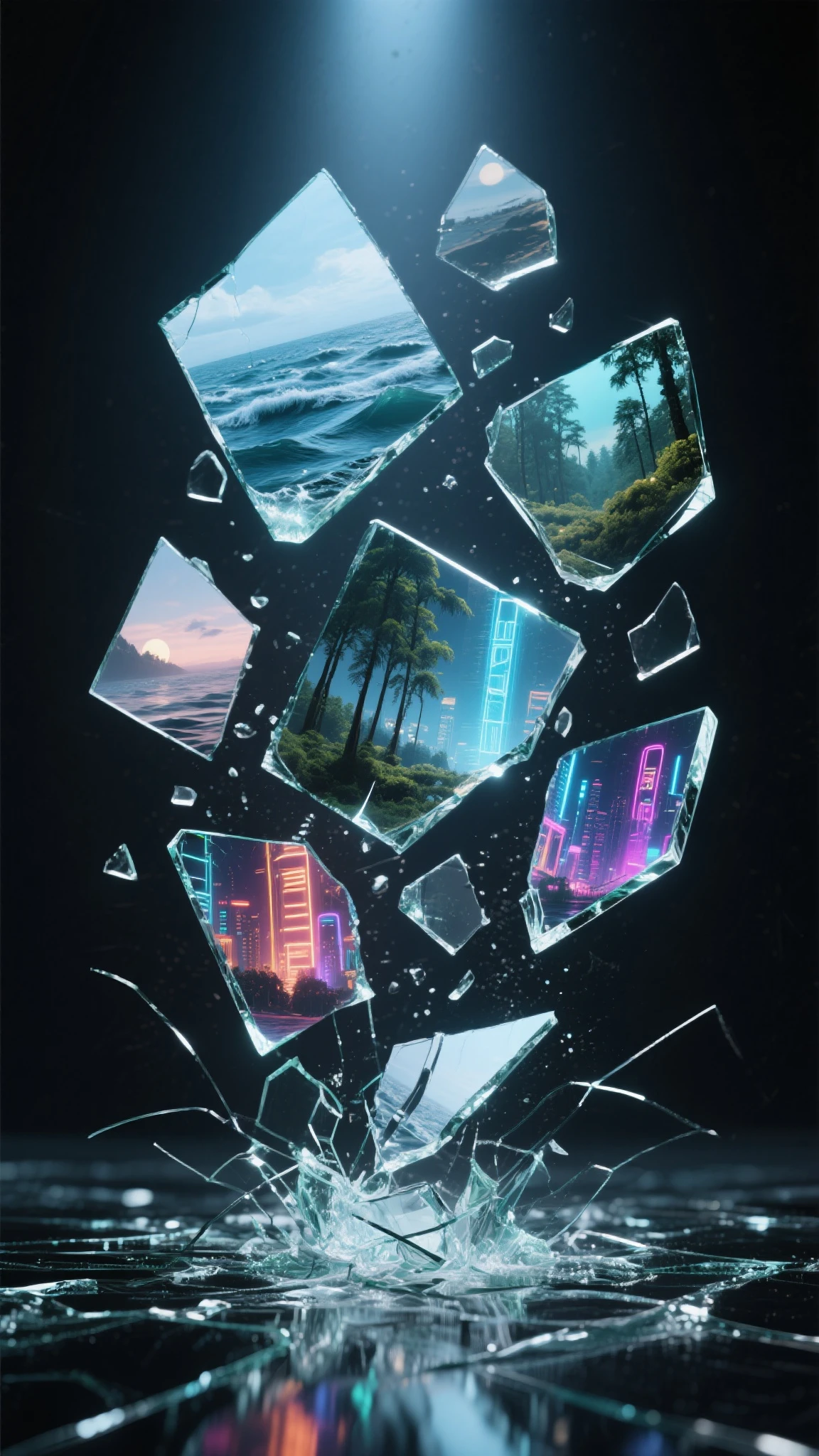 shattered glass fragments floating mid-air, each fragment reflecting a different surreal landscape (ocean, forest, neon city), dramatic dark background, spotlighted shards, dreamlike cinematic effect, ultra-high detail, emotional surrealism, powerful poster composition