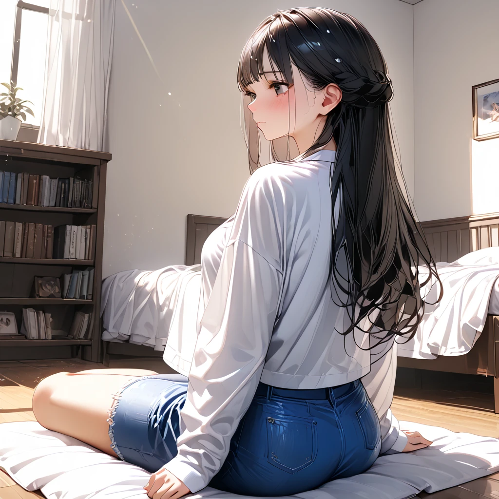18 year old beautiful girl, ojos grandes, senos grandes, delgada, Small, 8k, calidad superior, (Cabeza muy detallada: 1.0), (cara muy detallada: 1.0), (cabello muy DetallaDo: 1.0), Arte oficial muy detallado, Estilo de arte Anime Moe, Arte de anime limpio y detallado, They are smiling, cabello negro, cabello largo y liso, pecho desnudo, Ushiwakamaru, caderas grandes, perfecto, small waist, vista de espaldas, small ass, Bragas blancas, sentada de rodillas, de espaldas, schoolwear, tetas apretadas