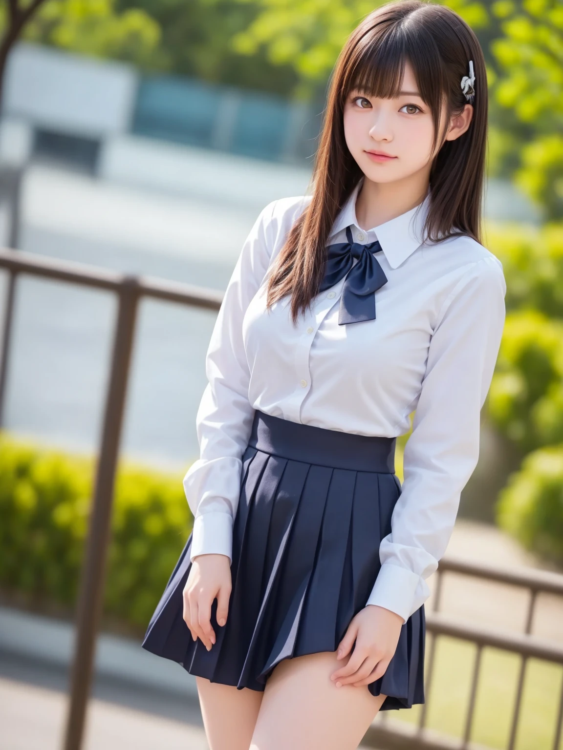 8k, highest quality, real image, intricate details, Super detailed, ultra high resolution, depth field,(realistic,realistic:1.2), from the middle, 1 Japanese girl, very beautiful 17 year old girl, Big eyes, beautiful breasts:1.5、highly detailed eyes:1.2), (beautiful breasts:1.1), (small breasts), wavy hair、curly hair、bangs, perfect skin, Fair skin, huge hips, thick thighs, thick legs, cleavage, tight waist, light blush, alone, looking at the viewer, (smile), (School_uniform), (white shirt、wear a tie), (gray pleated skirt), (sculpture installation :1.1), break (closed my eyes)