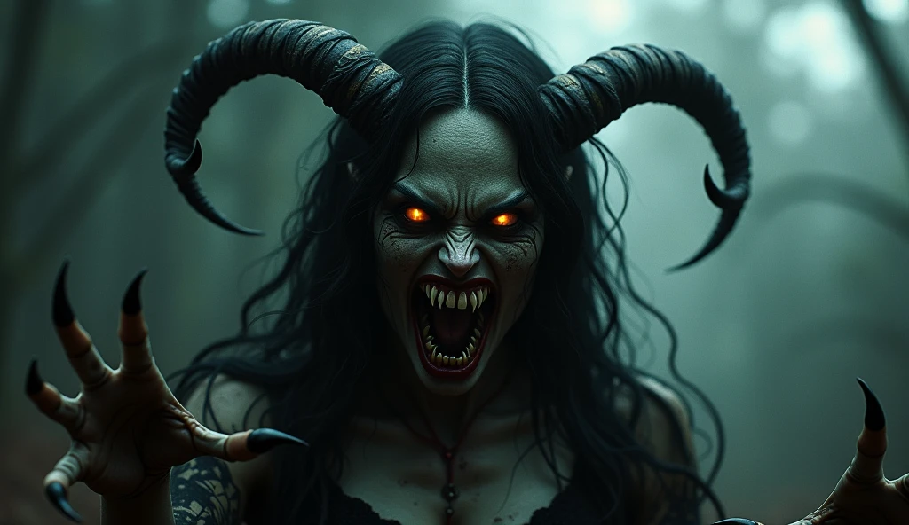 Kobieta, niebieska skóra, długie srebrne włosy, wściekłe oczy, potwór, znaki na skórze, rogi, demon, przerażający uśmiech