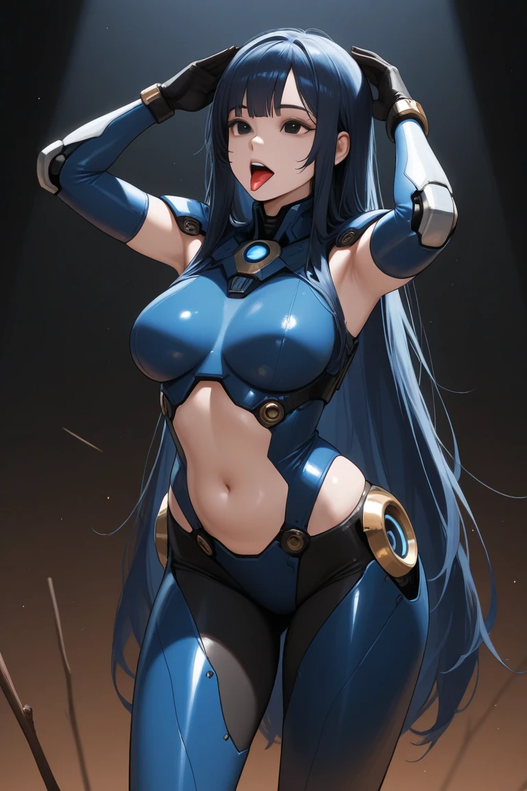 Perfect, masterpiece, (best quality, highres:1.2), 1girl, beautiful detailed eyes, beautiful detailed lips, extremely detailed eyes and face, long eyelashes, medium:oil painting, vivid colors, HDR, studio lighting, ultra-fine painting, sharp focus, physically-based rendering, extreme detail description, portraits, ((organized fingers)), curvy body, big breasts, perfect shape, facing viewer, sweaty, gorgeous, ((arms up)), sleeveless bodysuit, smiling