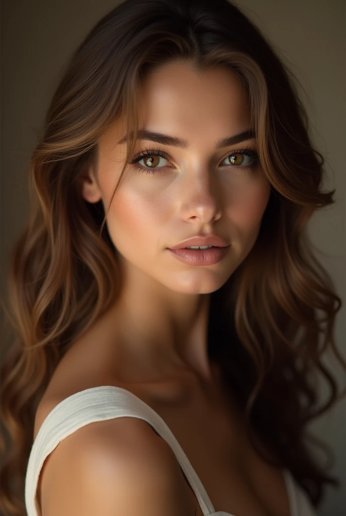 Woman, oval face shape, almond black eyes,  straight eyebrow, straight nose, heart shaped lips, light brown wavy hairs,  wearing cream manteau 