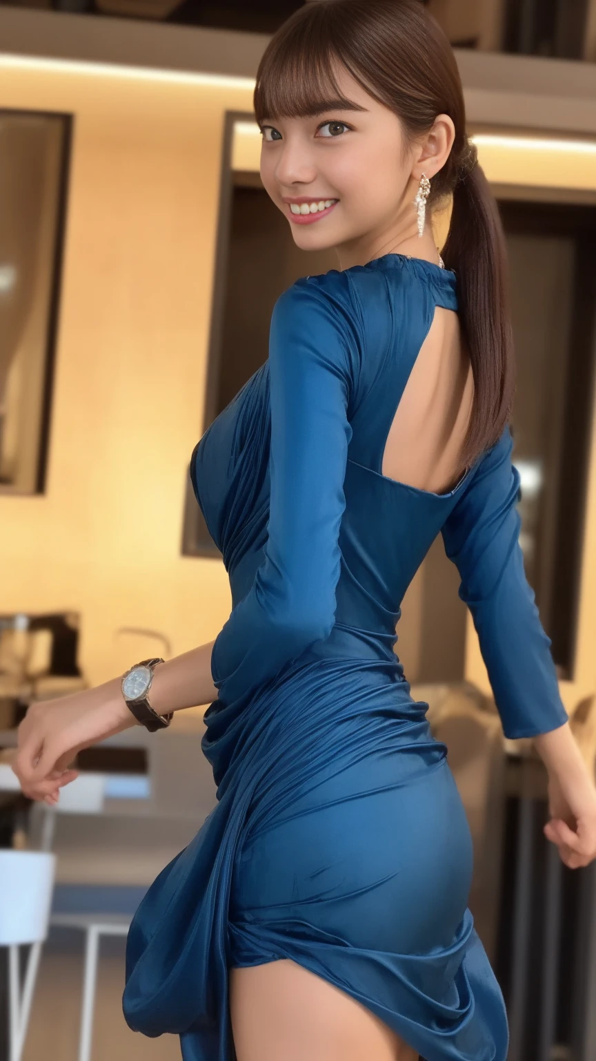 ((best quality)), ((masterpiece)), ((1girl)), solo, Ferry, ((long hair)), FerryBase, ((thighhighs)), bare shoulders, ((jewelry)), ((sleeveless)), white dress, blue skirt, ((gloves)), thigh-high, from behind.