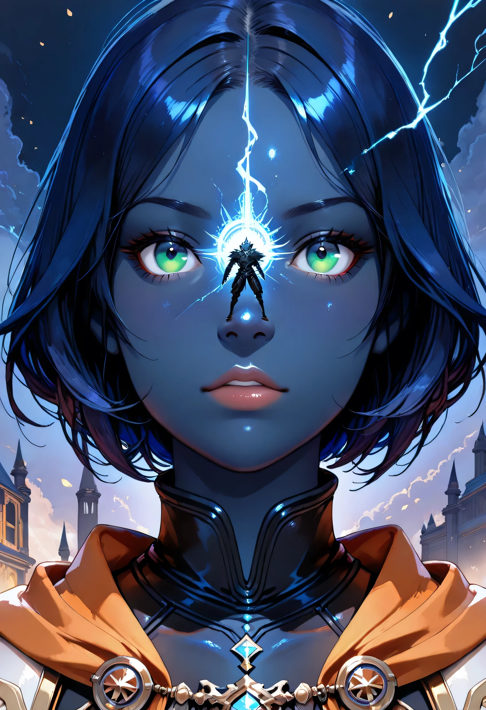 Picture of a vedalken female cleric ((dark blue skin: 1.5)), intense details facial details, exquisite beauty, cleric, (dark blue skin: 1.5)) female, ((bald)), (((no ears: 1.5))), (green eyes: 1.3), armed with a radiant sword, wearing (twilight priestly combat vestments: 1.5), wearing white armor, wearing high heeled laced boots, wearing white armor, wearing an (orange cloak:1.3), wearing glowing holy symbol, fantasy art, dnd art, RPG art, wide shot, (masterpiece: 1.4) intense details, highly detailed, photorealistic, best quality, highres, within fantasy temple background, reflection light, high details, best quality, 16k, [ultra detailed], masterpiece, best quality, (extremely detailed), close up, ultra wide shot, photorealistic, RAW, fantasy art, dnd art, fantasy art, realistic art,((best quality)), ((masterpiece)), (detailed), perfect face, fantasy, Cinematic Shot, 