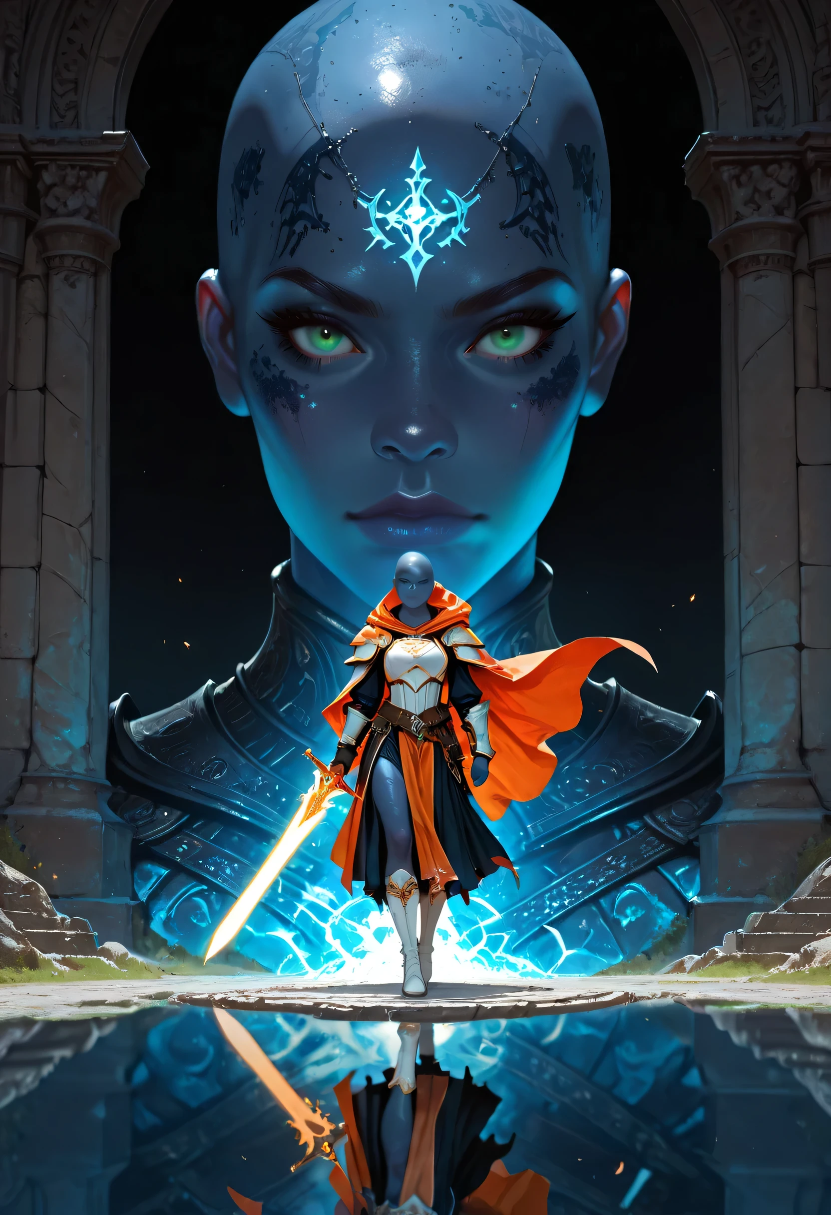 Picture of a vedalken female cleric ((dark blue skin: 1.5)), intense details facial details, exquisite beauty, cleric, (dark blue skin: 1.5)) female, ((bald)), (((no ears: 1.5))), (green eyes: 1.3), armed with a radiant sword, wearing (twilight priestly combat vestments: 1.5), wearing white armor, wearing high heeled laced boots, wearing white armor, wearing an (orange cloak:1.3), wearing glowing holy symbol, fantasy art, dnd art, RPG art, wide shot, (masterpiece: 1.4) intense details, highly detailed, photorealistic, best quality, highres, within fantasy temple background, reflection light, high details, best quality, 16k, [ultra detailed], masterpiece, best quality, (extremely detailed), close up, ultra wide shot, photorealistic, RAW, fantasy art, dnd art, fantasy art, realistic art,((best quality)), ((masterpiece)), (detailed), perfect face, fantasy,  Aesthetic_PDXL