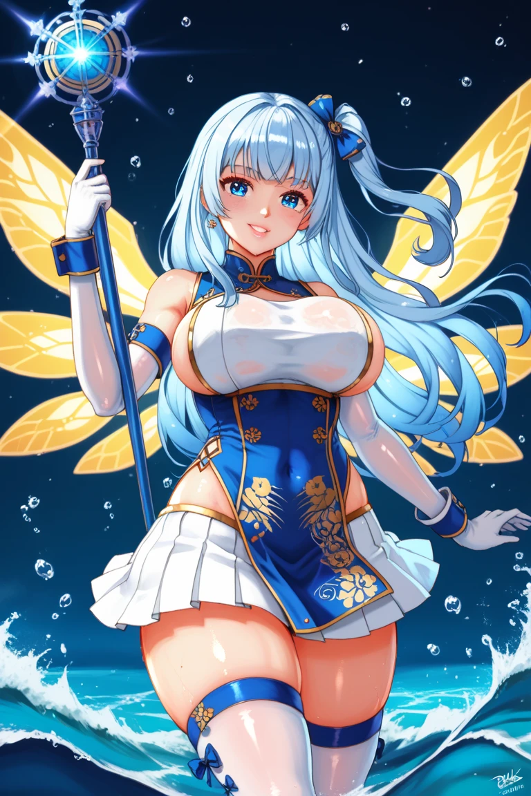 （tmasterpiece，top Quority，best qualtiy），pix，pixelart，1girl，full bodyesbian，(down view),Dynamic Angle,Ultra-detailed, illustration, Close-up, straight on, 1girll, (fantasy:1.4), (azureblueeyes:1.233),Her eyes shone like dreamy stars,(Glowing eyes:1.233),(Beautiful and detailed eyes:1.1),(Silver hair:1.14),(Messy hair,Very long hair,french braid,hair between eye,side locks), (+(bule hair flower:1.14)),(Chiffon dress,bule flower pattern in uniform)/=(army suit:1.24),(Detached sleeves,Wide sleeves),(Fingerless gloves),choker necklace,(miko thighhighs),high heels boots,(Expressionless,Closed mouth),(standing), (classical Princess boudoir with dressing tableand french windowin a white ancient palaces),(White flowers,full bloom),(abyssal),(Flowing water),(a dull blue world tree:1.14),(废墟),(Night:1.2),Dreamy,soul,(Fluorescence),(flying translucent blue butterflies:1.15), [[Delicate fingers and hands:0.55]::0.85],(Detail fingers),(yubao:0.5),(transparent panty)，(big breasts exposed cleavage),(ssee-through),((camel-toe)),(((Female genitals)))