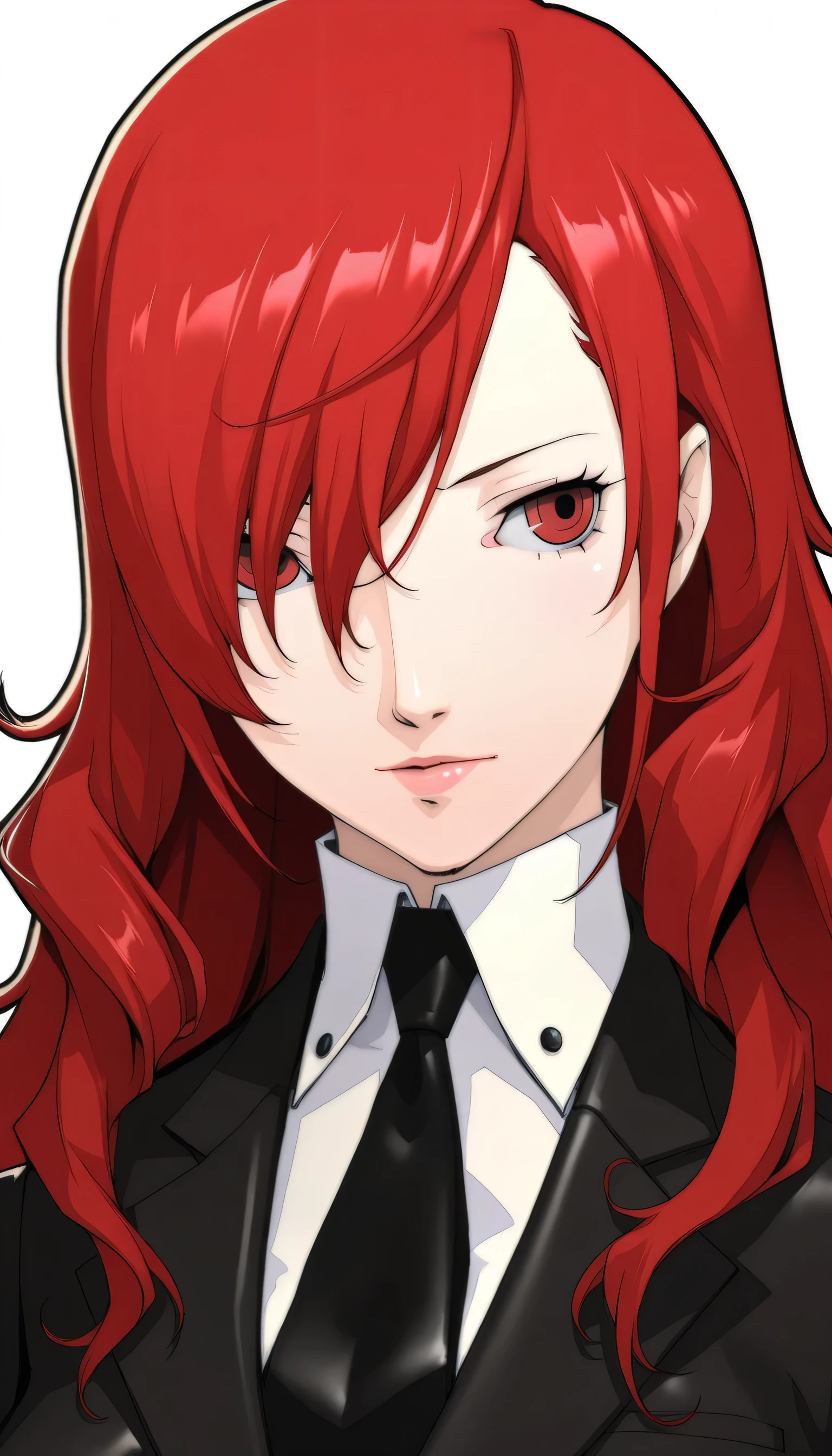 1 girl, mitsuru kirijo, red eyes, red hair, long hair, milf, hair over left eye, suit, tie, portrait, azusa shimada style, white background , shiny skin, high Quality, persona style