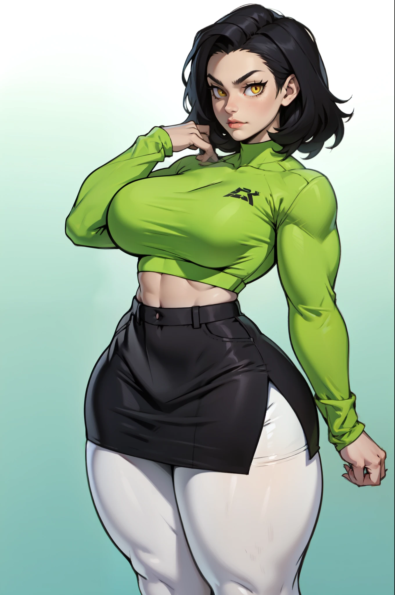 araffed woman in black top and green pants posing by a window, amouranth, photorealistic perfect body, hyperrealistic full figure, thicc, better known as amouranth, realistic shaded perfect body, highly realistic photo, character is in her natural pose, , casual pose, sfw huge breasts, kim possible