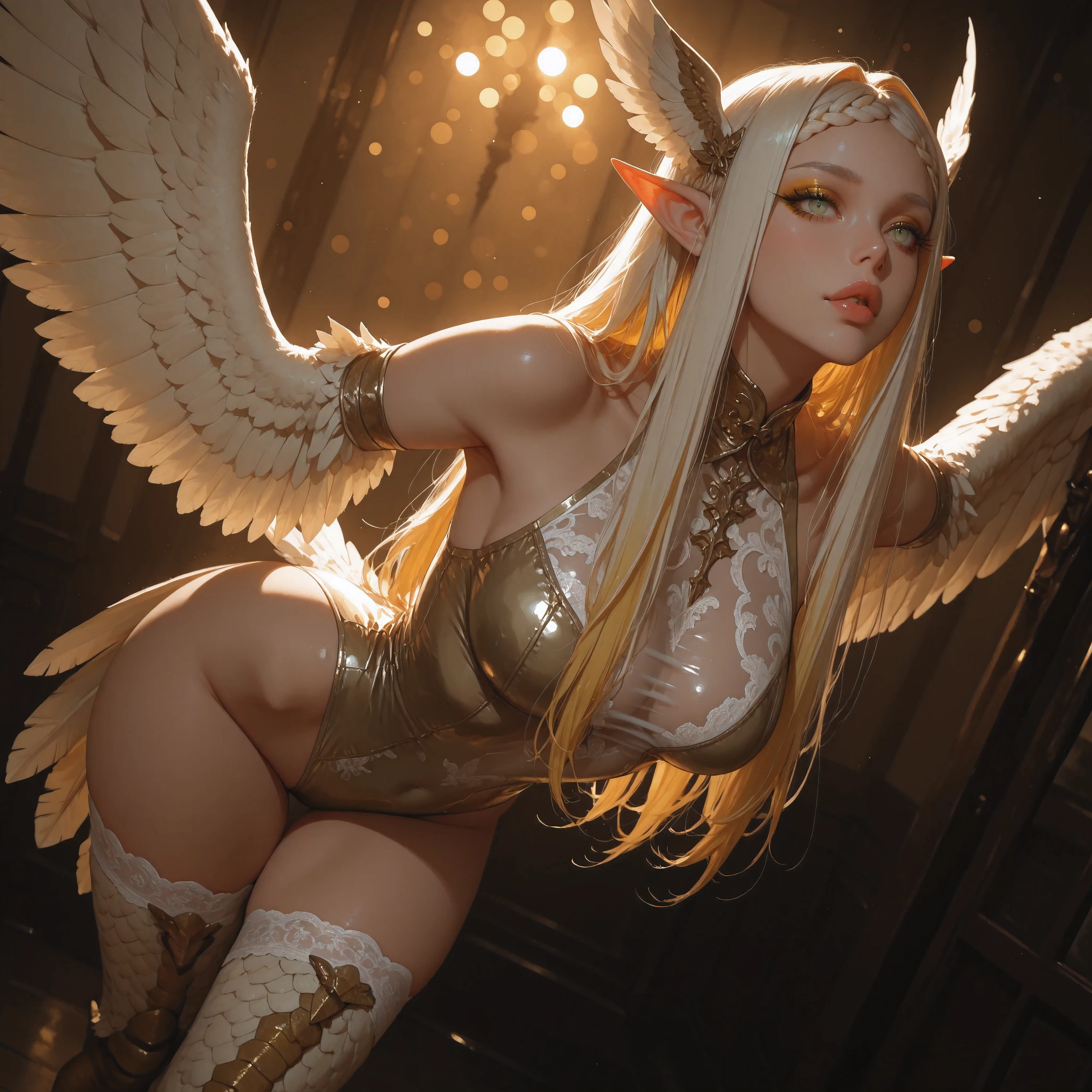 ((best quality)), ((masterpiece)), (detailed), 1girl, off-shoulder, Character design, female, dynamic poses, long white grey hair, grey white eyes, very skinny, detailed, best quality, no accesoires around the neck, no shoes, prominent collarbones, skinny arms, flat stomach, visible hip bones, small breasts, red and white clothing, Bloodborne inspired, occult aesthetic, occult, detailed and intricate steampunk and detailed gothic, NSFW, Very dramatic and cinematic lighting, cosmic horror, grim-dark, side-lighting, perfect face, NSFW, Fluttering lace flared long knee length dress with frilly petticoats, knee length dress, pleated petticoats, petticoats gothic, complex lace boots, side-lighting, gothic ta aesthetic, wielding a mighty sword with mechanical components, mandalas, small breasts, a fairy, various different types of insect wings, NSFW
