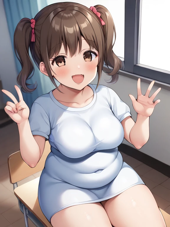 1 Cute naughty toddler Girl, huge breasts, thick legs, (two side up, long hair, red hair), brown eyes, (naked:1.2), (blush, ;d, yuruyuri), at the adventurer's guild, A bulletin board with posted paper