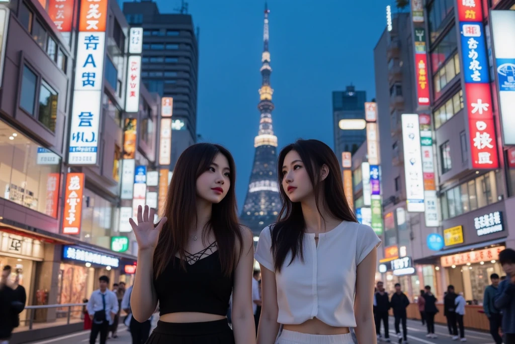 (Tabletop,high quality,16k:1.1),(Depth of written boundary:1.3) ,((Front body:1.35)),  Japanese ,2Women, Landmine Makeup ,Embrace each other,Short black hair、Bob Hair , Short sleeve U-neck、Leather pants (((tight))) , （Standard body shape）、（D cup breasts）、 Sensual, curvy,(View your viewers:1.3),(Full Body Shot:1.2),(Night Park:1.2),(Beautiful night view of Tokyo city in Japan:1.2)