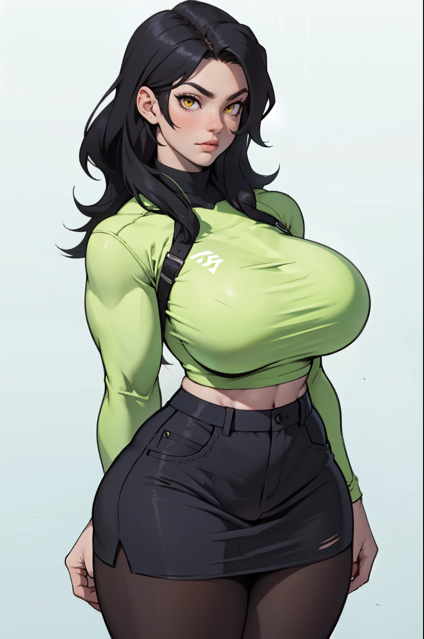 girl ((((muscular 1girl)))) ((((thick thighs toned body)))) (pale skin) black hair yellow eyes very long hair long sleeve tight t-shirt tight pants (french braid) breasts