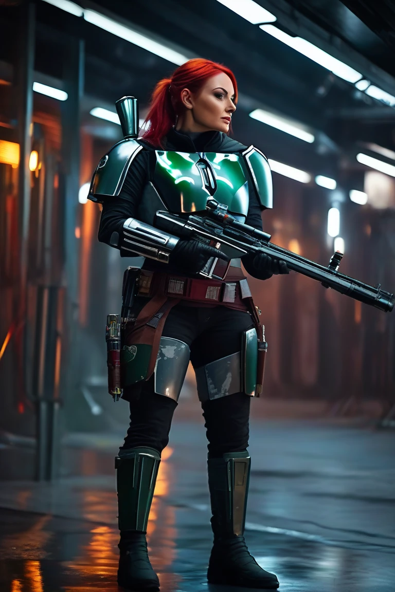 A realistic Star Wars Mandalorian woman, wearing a gray shining metal Mandalorian armor, with red hair and green eyes, face focus, detailed face and sexy body, standing in a guard position and holding a sniper rifle in an cyberpunk futuristic alley, neon lights , depth of field , cinematic lighting , film photograph , dynamic lighting