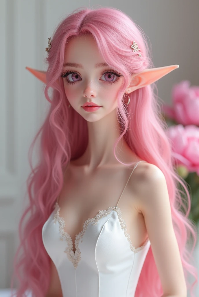 1girl, (((black lace bikini))), pink hair, cleavage, closed mouth, earrings, elf, flat, (((small chest))), (((flat chest))), ((((small breasts)))), ((((flat breasts)))), lips, lipstick, (((long curvy hair))), looking at viewer, makeup, pointy ear
