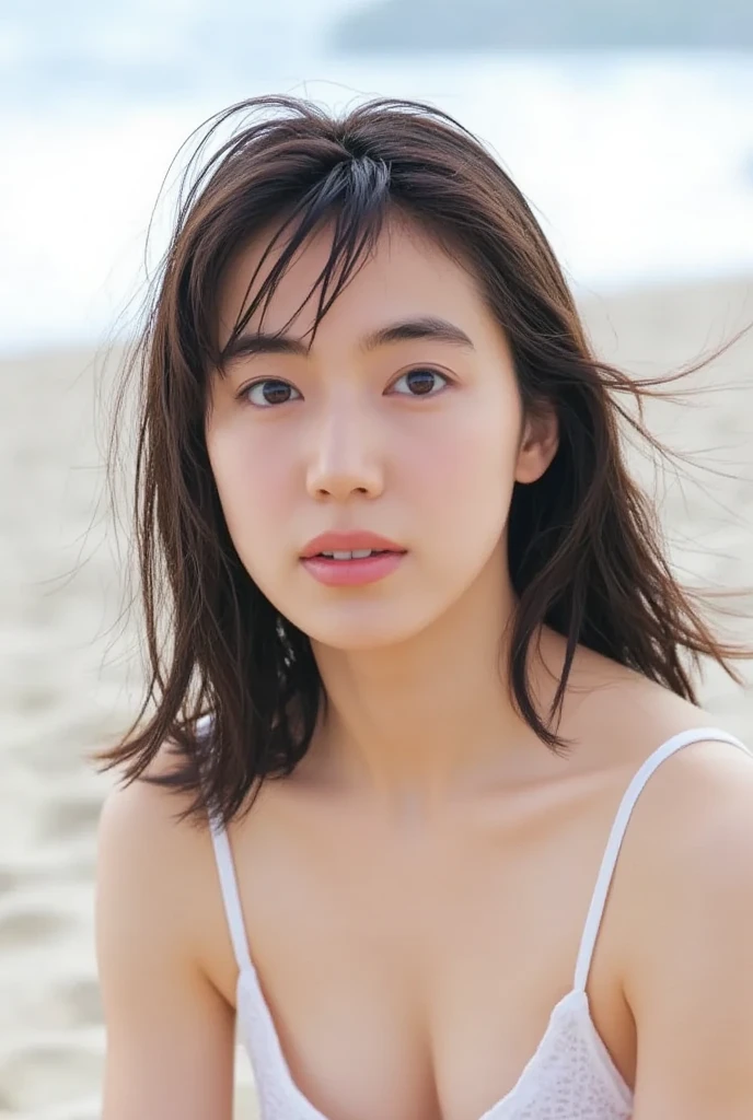 ((Extremely precise and accurate anatomy)), (masterpiece:1.43), Perfect balance, Realistic photos, Artistic body:1.22、young woman、Very realistic、High resolution photos、Backlight、Shoulder-length chestnut hair、The eyes are a striking green with gold flecks..、Naturally arched eyebrows、The skin is white and smooth、nature,、Healthy shine、Natural expression、Straight and white teeth、naked、Nipples、Butt、Sunlit beach in the evening、The sea swaying in the wind、Clear deep blue sky with white clouds、The sunlight is warm and golden、Natural highlights and shadows to accentuate facial features、Makeup is minimal and natural、Light Foundation、A faint blush、Subtle eyeliner、A little mascara々々々々、Soft pink lip color、Mr..々Facial expressions and poses、Wavy Hair、A sense of movement and vitality、(((Shallow depth of field effect)))、Image focus、The atmosphere is warm、The energy of joy、The beauty of nature
